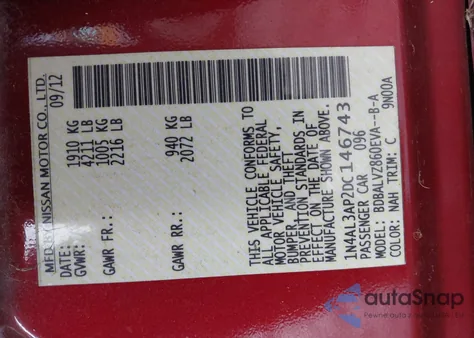 2013 Nissan Altima 2.5 Sl z USA, uszkodzony, nr VIN 1N4AL3AP2DC146743